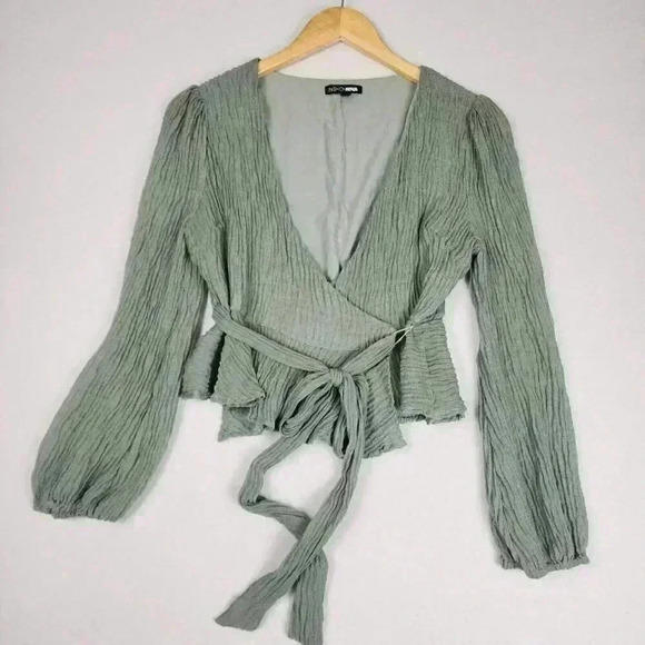 Fashion Nova Women's Green Long‎ Sleeve Large V Neck Tie Wrap Blouse Short Crepe - Picture 1 of 14